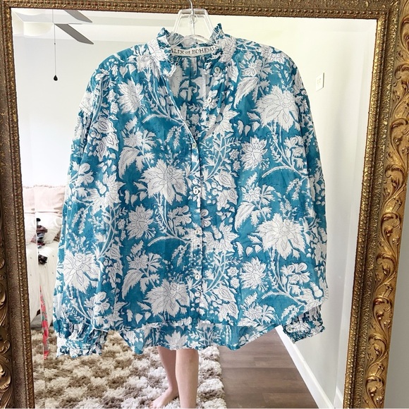 Alix of Bohemia Poet blouse turquoise floral block print ruffle collar - Picture 1 of 6